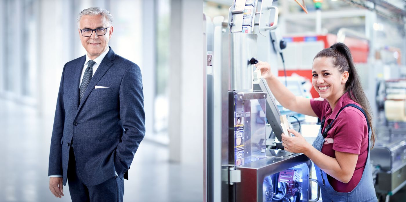 Corporate Photography für Imperial Brands: Vorstandsportrait und Mitarbeiterin an der Produktionsanlage