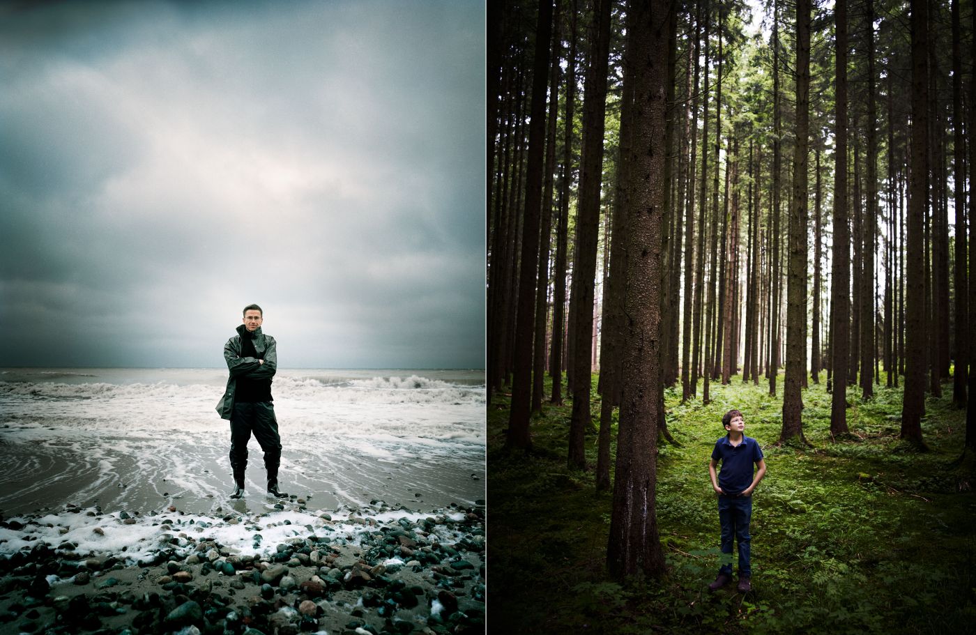 Editorial Portraits im Freien: Klimaforscher an der stürmischen Ostsee und Jugendlicher im Wald