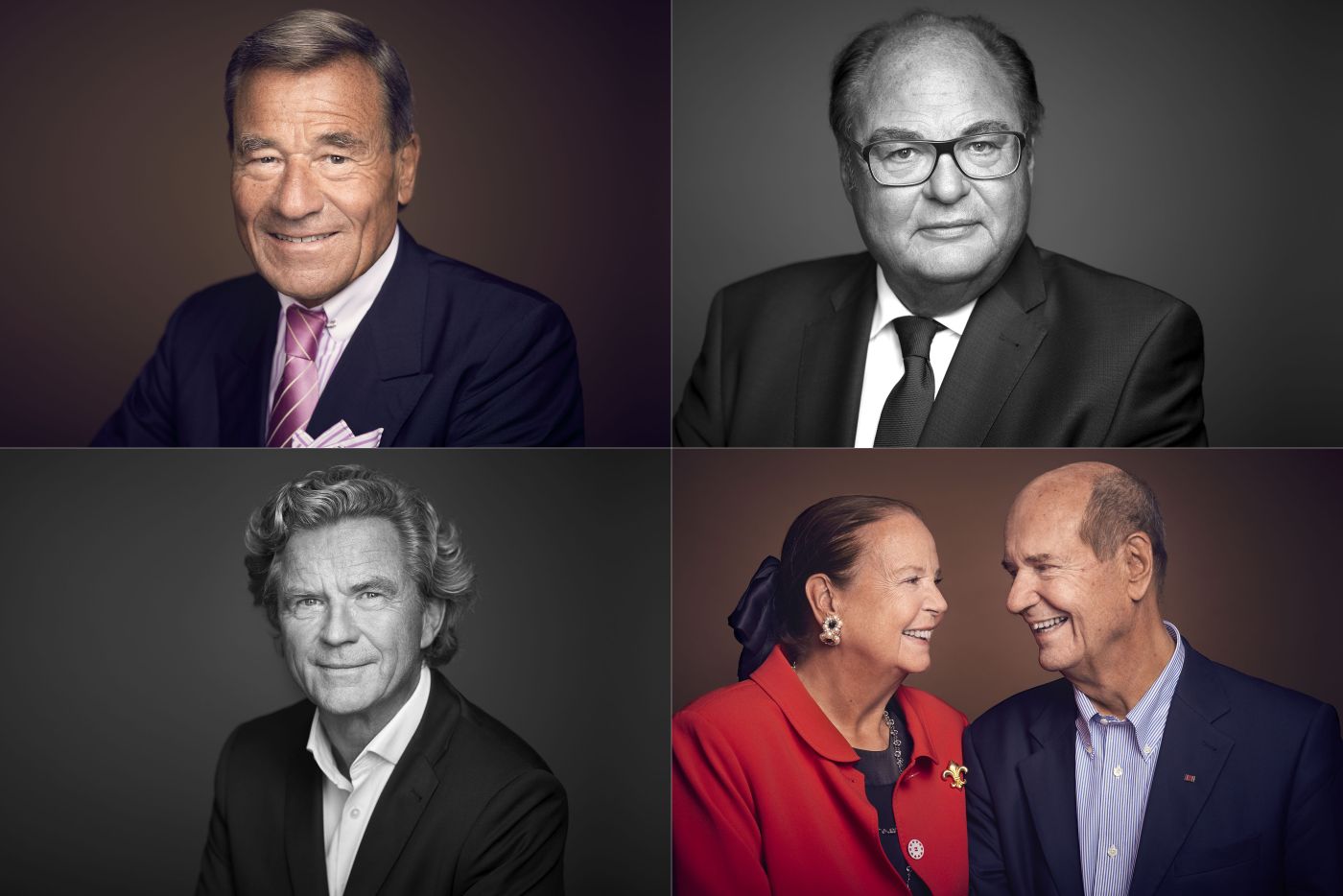 Vier Portraits von Familienunternehmern vor dunklem Studiohintergrund, darunter ein Paar, das sich lachend einander zuwendet